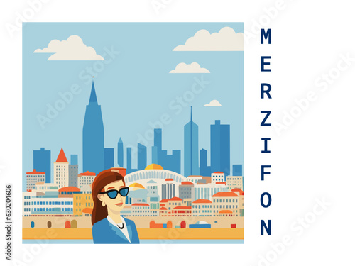 Square flat design tourism poster with a cityscape illustration of Merzifon (Turkey)