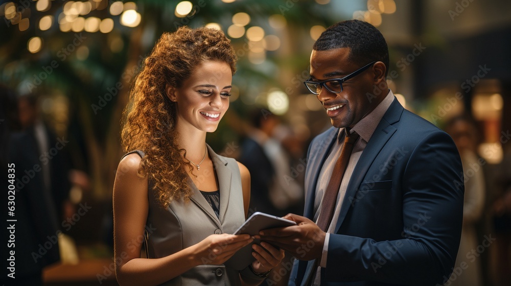 African American businessman at the office conversing with a coworker while using a digital tablet.. African American businessman at the office conversing with a coworker while using a digital tablet..