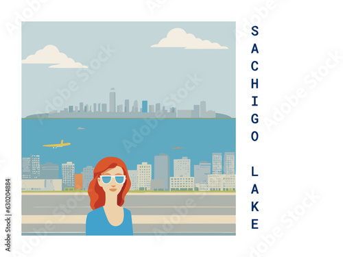 Square flat design tourism poster with a cityscape illustration of Sachigo Lake (Canada)