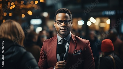 Journalist of African descent speaking with a businessman.