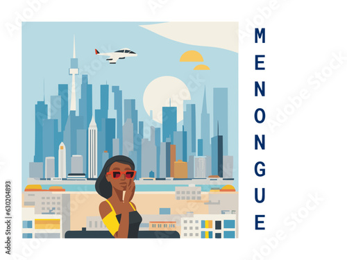 Square flat design tourism poster with a cityscape illustration of Menongue (Angola)