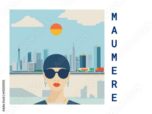 Square flat design tourism poster with a cityscape illustration of Maumere (Indonesia) photo