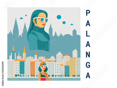 Square flat design tourism poster with a cityscape illustration of Palanga (Lithuania)