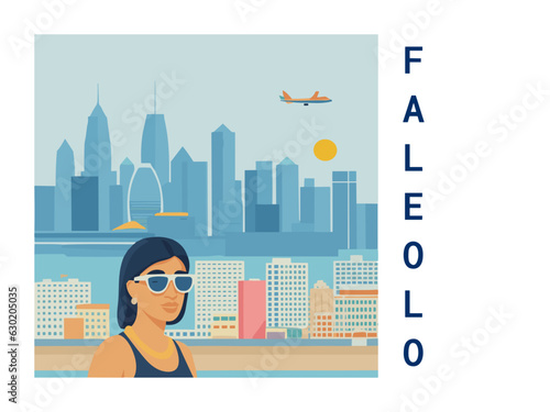 Square flat design tourism poster with a cityscape illustration of Faleolo (Samoa)