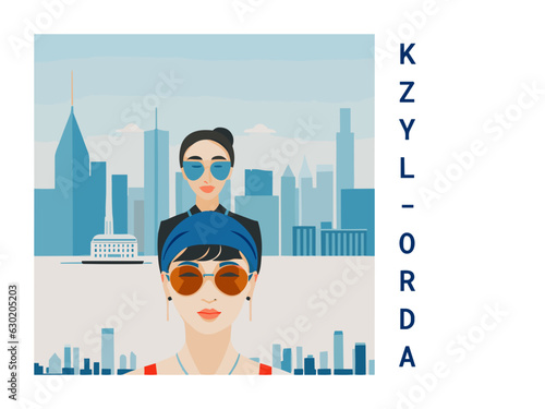 Square flat design tourism poster with a cityscape illustration of Kzyl-Orda (Kazakhstan)
