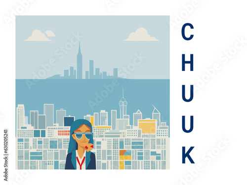 Square flat design tourism poster with a cityscape illustration of Chuuk (Micronesia)