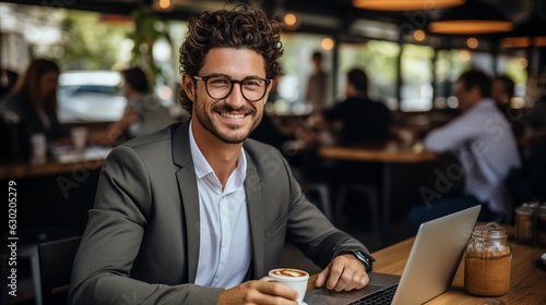 Businessman grinning at camera while holding laptop and takeaway beverage..