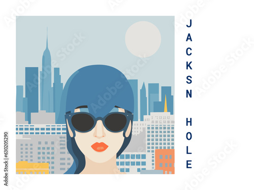 Square flat design tourism poster with a cityscape illustration of Jacksn Hole (United States)