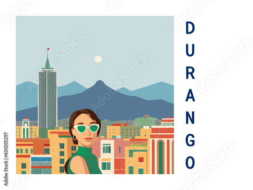 Square flat design tourism poster with a cityscape illustration of Durango (United States)