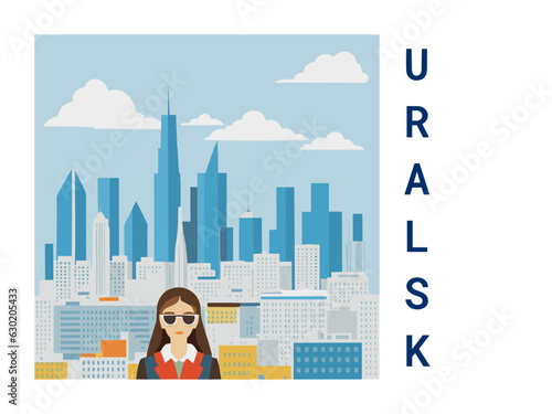 Square flat design tourism poster with a cityscape illustration of Uralsk (Kazakhstan)
