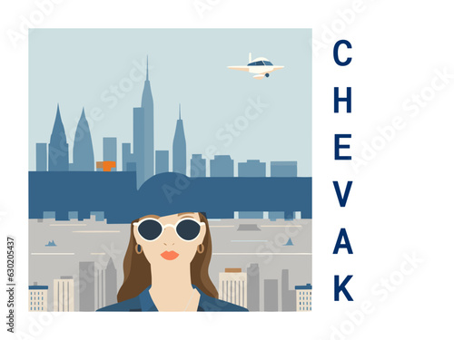 Square flat design tourism poster with a cityscape illustration of Chevak (United States)