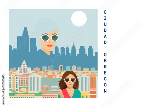 Square flat design tourism poster with a cityscape illustration of Ciudad Obregon (Mexico) photo