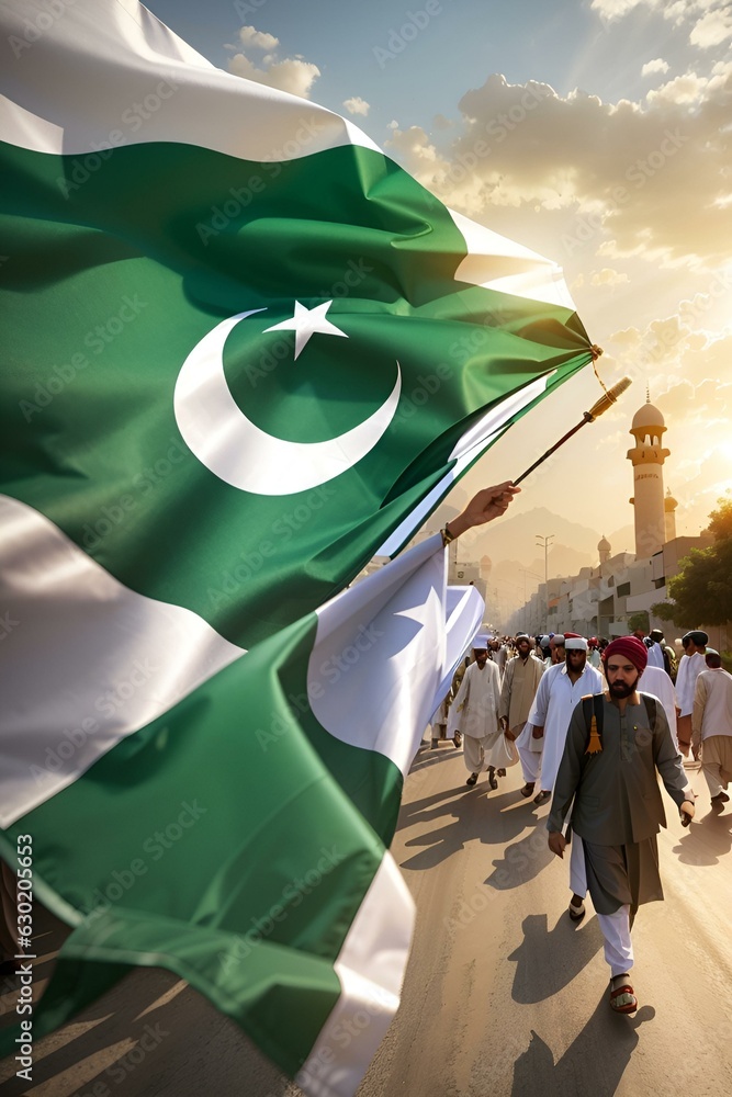 Pakistan National Flag - Independence Day Pakistani Flag Waving Proudly - Patriotism Green and 