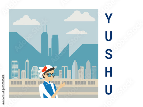 Square flat design tourism poster with a cityscape illustration of Yushu (China)