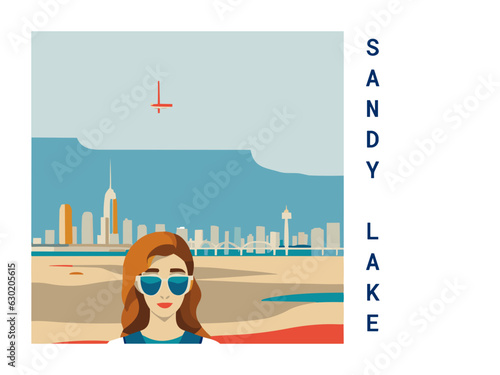 Square flat design tourism poster with a cityscape illustration of Sandy Lake (Canada)