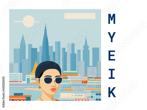 Square flat design tourism poster with a cityscape illustration of Myeik (Burma)