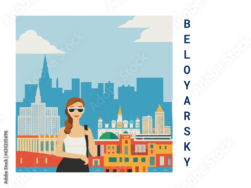 Square flat design tourism poster with a cityscape illustration of Beloyarsky (Russia)