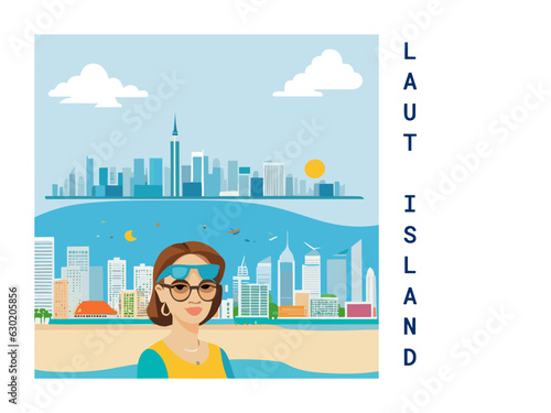 Square flat design tourism poster with a cityscape illustration