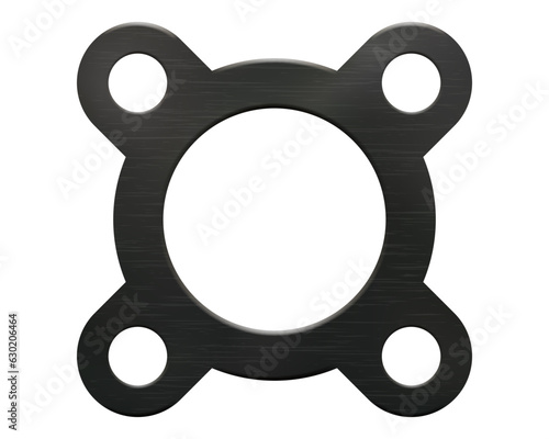 Realistic vector illustration of a round black rubber gasket with four small eyelets with holes and one large round hole. Technical product for the insulation of pipelines in flanged connections.