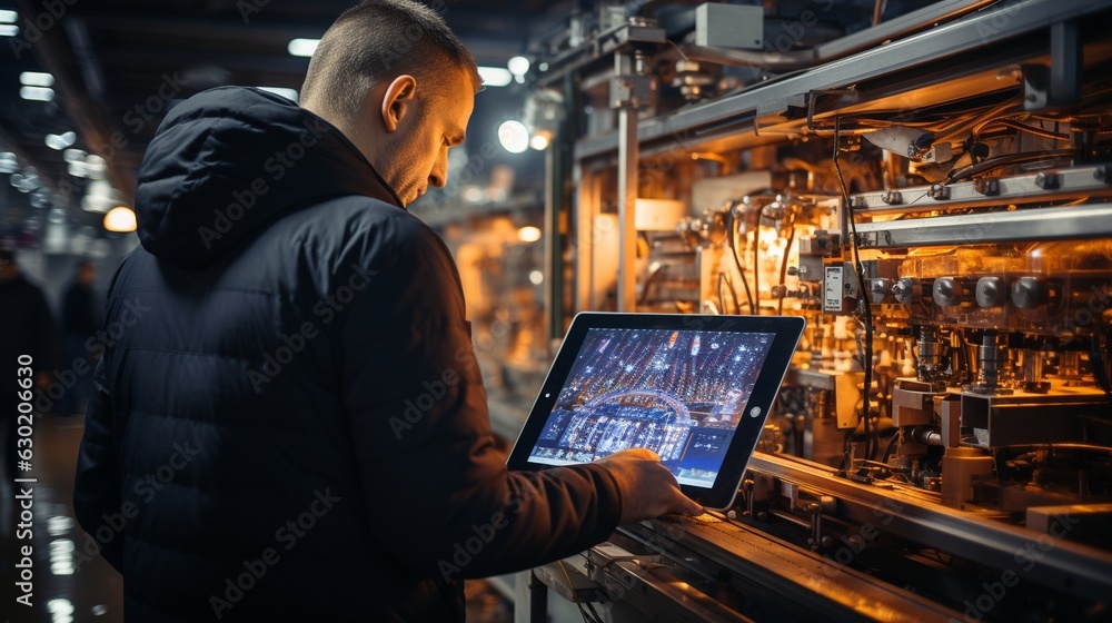 Concept for smart industry control.Tablet in hands with a blurry automation equipment in the backdrop.