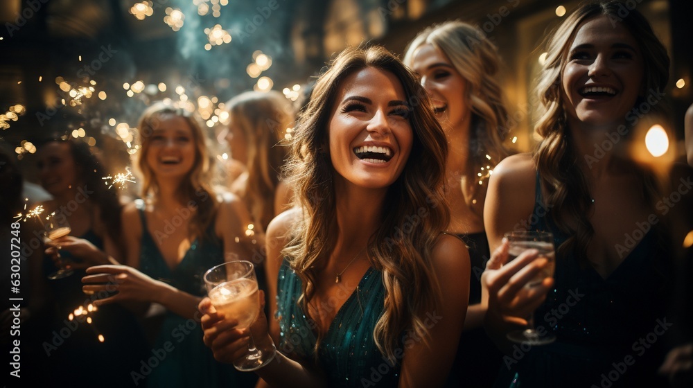 a group of stunning young people dancing and beaming while holding champagne flutes, - obrazy, fototapety, plakaty 