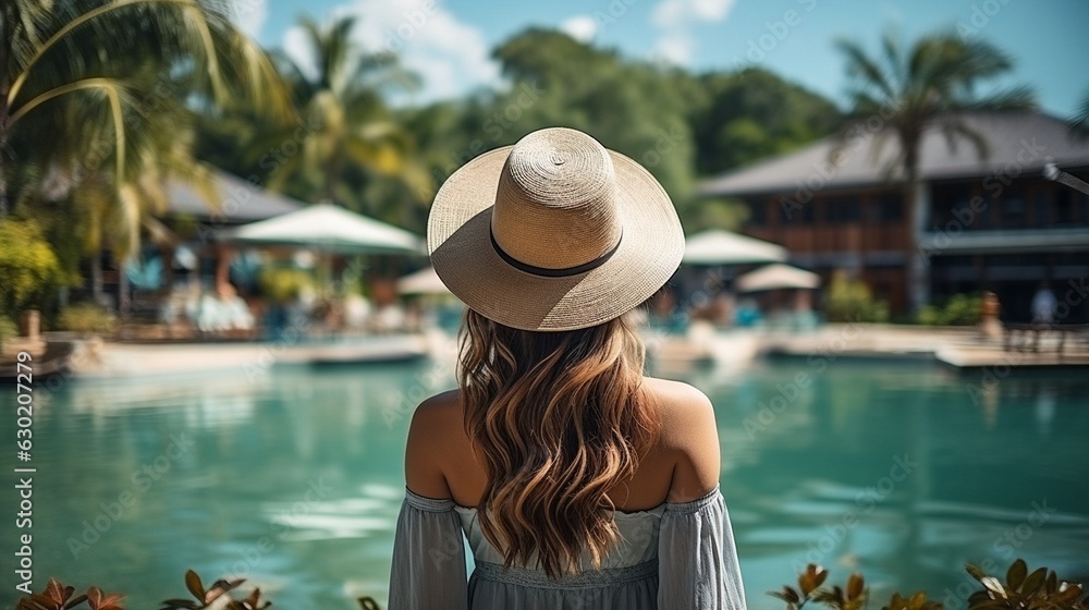 Asian woman with a smile relaxes and seems happy while wearing a straw hat at a resort hotel,