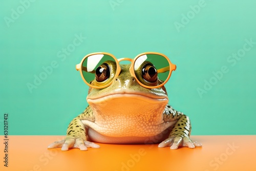 Creative animal concept. Frog peeking over pastel bright background. advertisement, banner