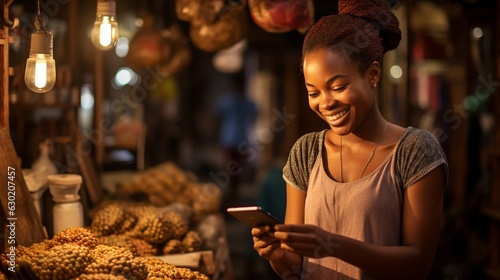 While grinning and using her phone, a young African woman is selling in a neighbourhood market.