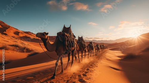Camel caravan in a desert sand dune