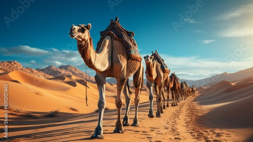 Camel caravan in a desert sand dune photo