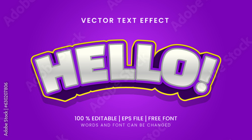 Hello editable vector text effect with a combination of silver and purple text colors on a purple background