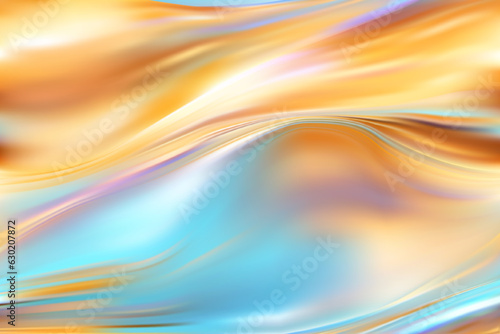 Delicate golden abstract hologram background with soft gold and blue waves. Delicate color transitions. Fantasy vintage blurred background. Gradient mesh vector wallpaper