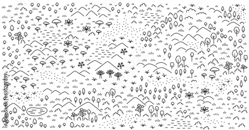 Fictional forest map sketch. Editable outline. Vector line.