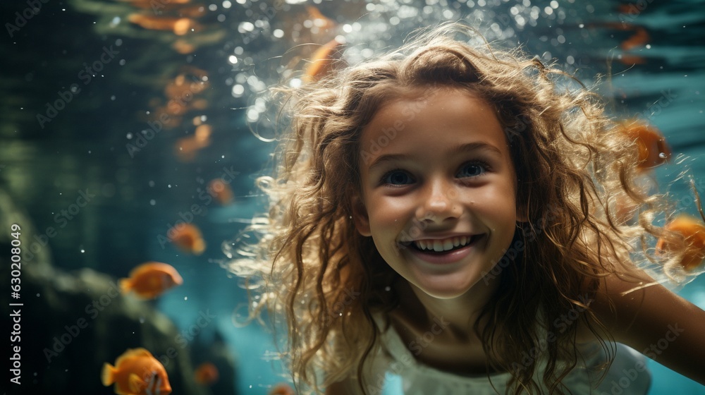 Obraz premium A cheerful young woman swims underwater in the tropical ocean. .