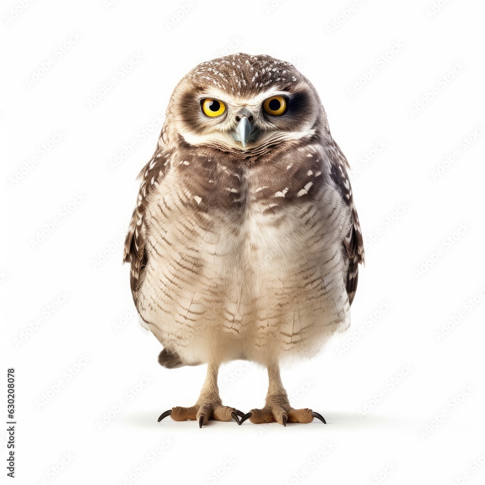 Fototapeta premium Burrowing owl bird isolated on white. Generative AI