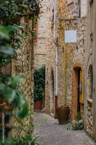 Fototapeta Naklejka Na Ścianę i Meble -  Traditional old stone houses on a narrow street in the medieval town of Saint Paul de Vence, French Riviera, South of France