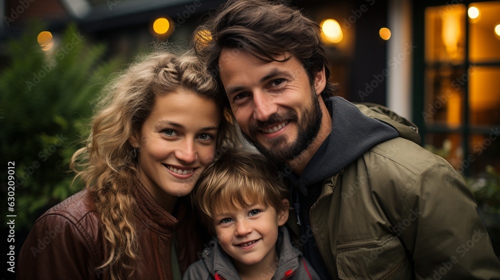 a contented family standing in front of their solar-powered home.