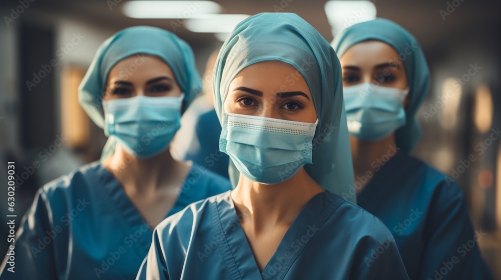 Standing inside the hospital, the medical staff crossed their arms. Muslim healthcare professionals from Southeast Asia Standing inside the hospital, the medical staff crossed their arms. Muslim healthcare professionals from Southeast Asia
