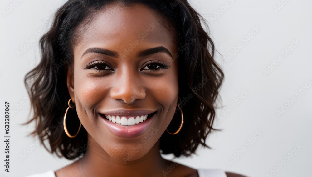 Portrait black skin model woman with white teeth smile, healthy hair and beauty skin on grey background. Generative AI Portrait black skin model woman with white teeth smile, healthy hair and beauty skin on grey background. Generative AI