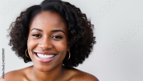 Portrait black skin model woman with white teeth smile, healthy hair and beauty skin on grey background. Generative AI