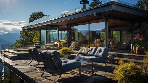 Stylishly contemporary exterior of a luxury villa. a mountainside glass home. Views of the mountains in awe from the veranda of a contemporary residence