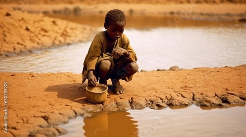 The world's symbol for water scarcity. A young guy from Africa isg for water. In regions like Sub-Saharan Africa, time spent gathering water is lost. photo