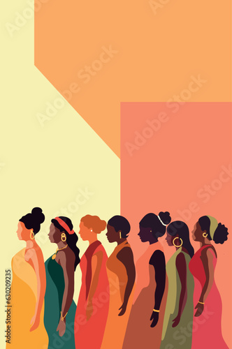 Vector flat vertical banner for International Women's Day, beautiful people of different cultures and nationalities stand in a row side by side together. The concept of the movement for gender equalit