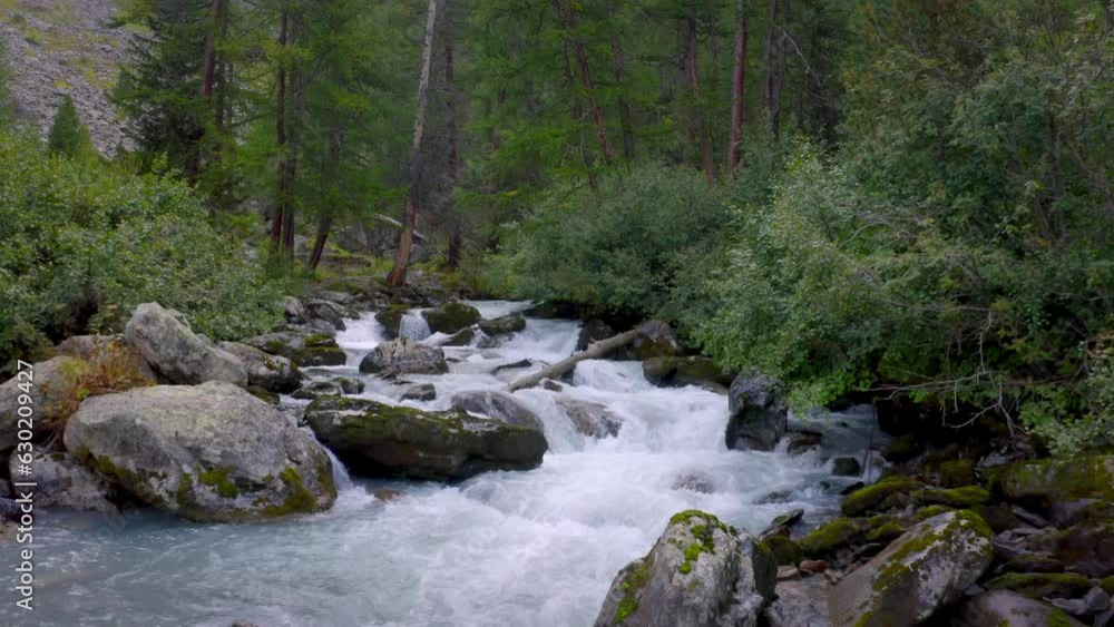 Quiet fresh mountain stream flows in the middle of nature. Italy drone closeup Quiet fresh mountain stream flows in the middle of nature. Italy drone closeup