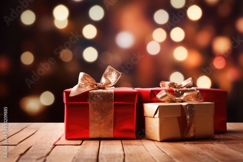 Wallpaper Mural christmas red gift boxes on the wooden floor Blurred Shiny Lights  Torontodigital.ca