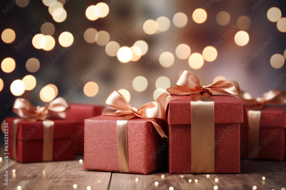 christmas red gift boxes on the wooden floor Blurred Shiny Lights christmas red gift boxes on the wooden floor Blurred Shiny Lights