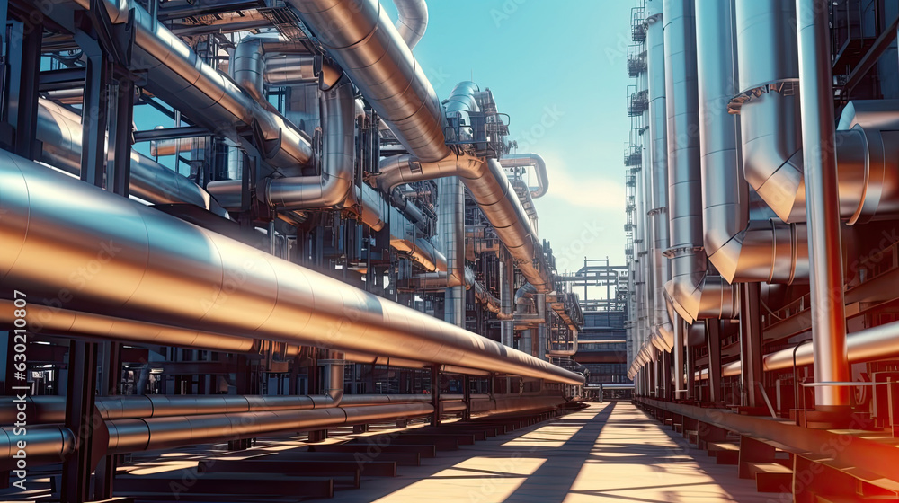 Industry pipeline transport petrochemical, gas and oil processing, equipment steel pipes plant. Generative Ai