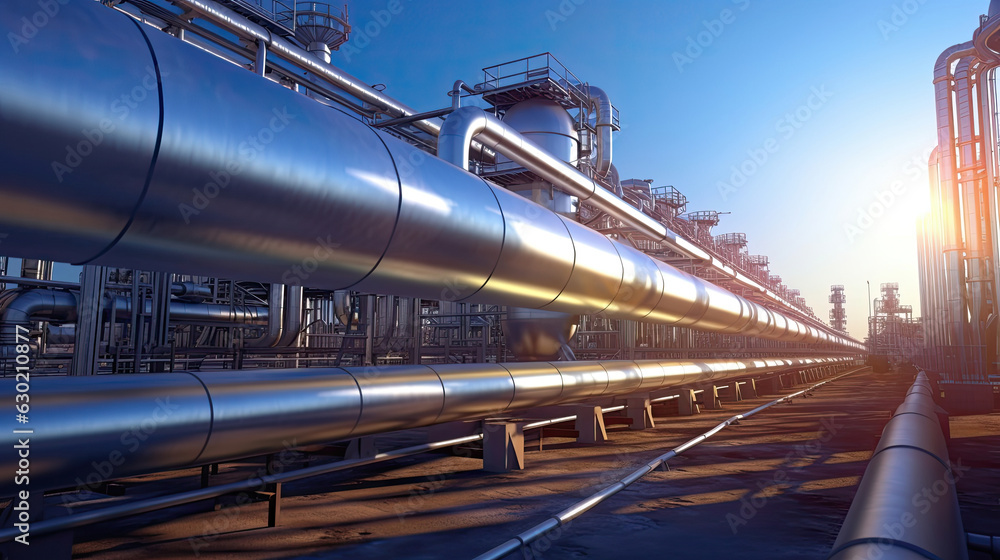 Industry pipeline transport petrochemical, gas and oil processing, equipment steel pipes plant. Generative Ai Industry pipeline transport petrochemical, gas and oil processing, equipment steel pipes plant. Generative Ai