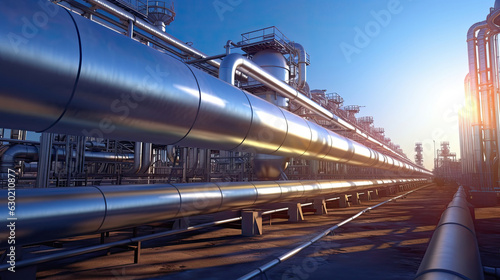 Industry pipeline transport petrochemical, gas and oil processing, equipment steel pipes plant. Generative Ai