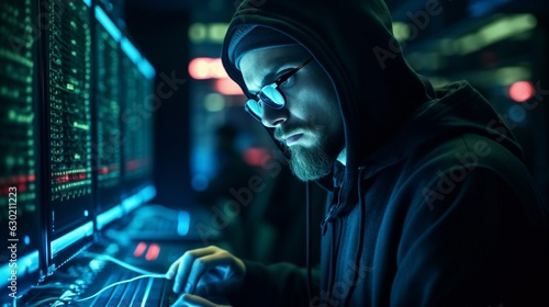 hooded hacker at a data centre